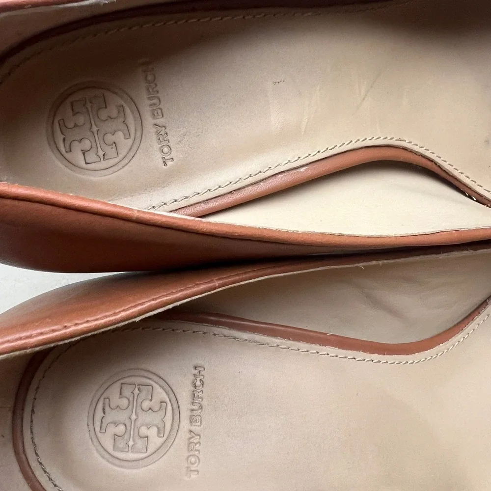 Tory Burch Janey Women 10.5 Tan Brown Leather Block Wood‎ Grain Heel Logo Pump